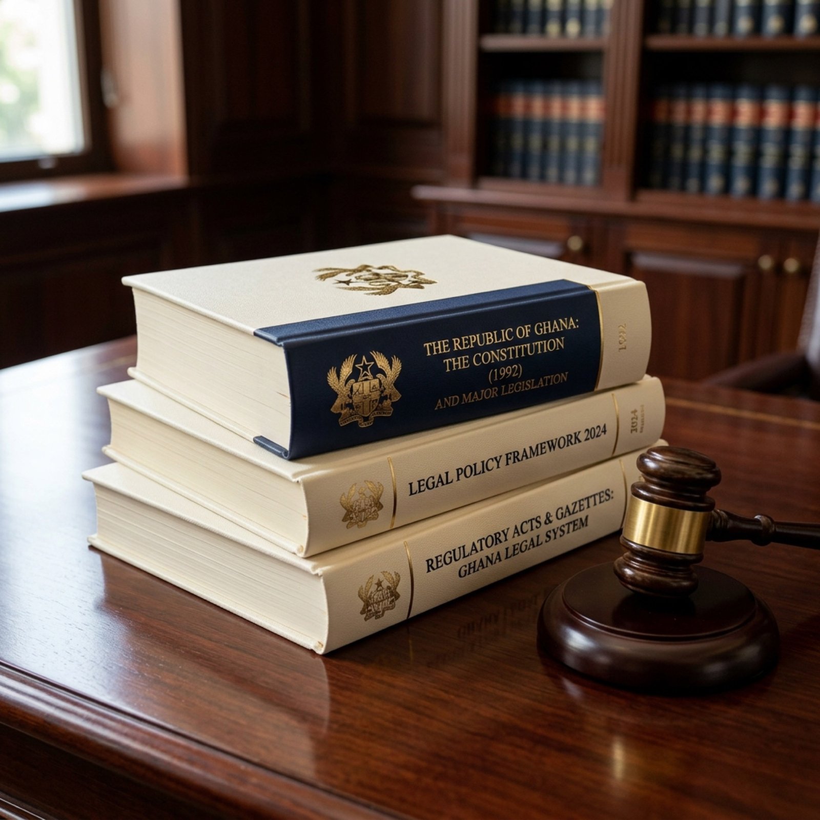 Bound volumes of legislation and policy documents on a desk.